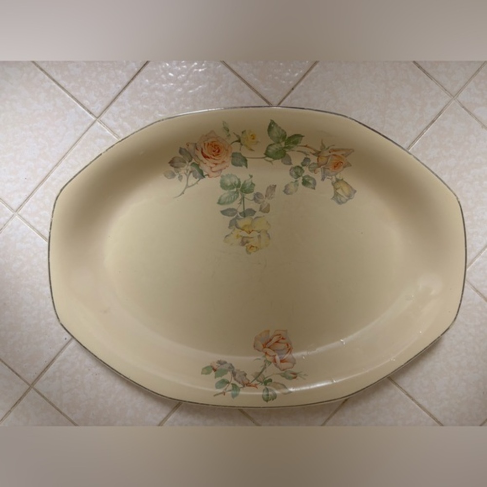 Vintage Vanilla Rose Serving Bowl, Homer Laughlin, Silver Trim